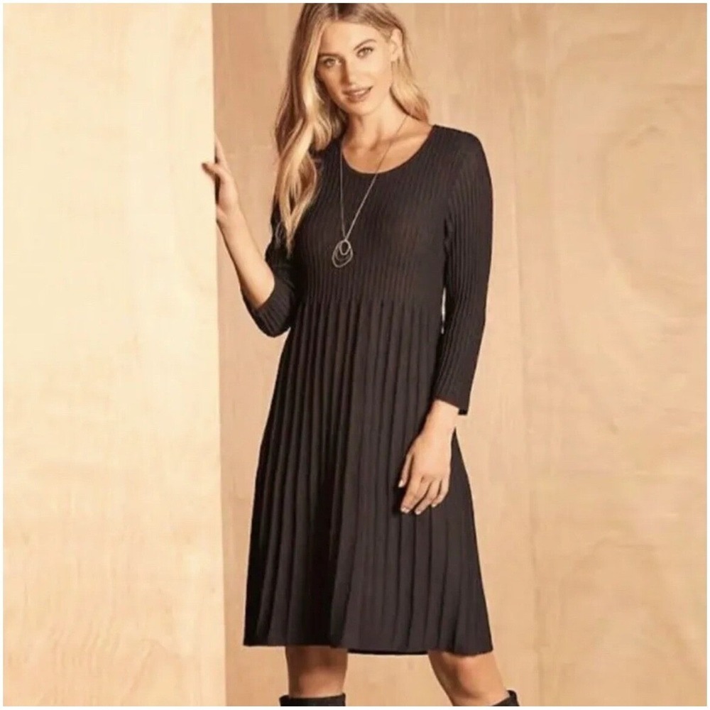 Eileen Fisher Extra Fine Merino Wool Black Ribbed Knit Dress Womens Size Medium